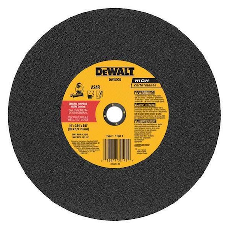 Dewalt Abrasive Cut-Off Wheel, Type 1, 10 in Dia, 0.109 in Thick, 5/8 in Arbor Hole Size, Aluminum Oxide DW8005