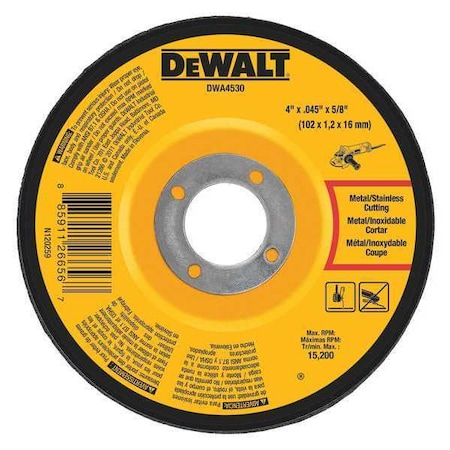 Dewalt Abrasive Cut-Off Wheel, Type 27, 4 in Dia, 0.045 in Thick, 5/8 in Arbor Hole Size, Aluminum Oxide DWA4530