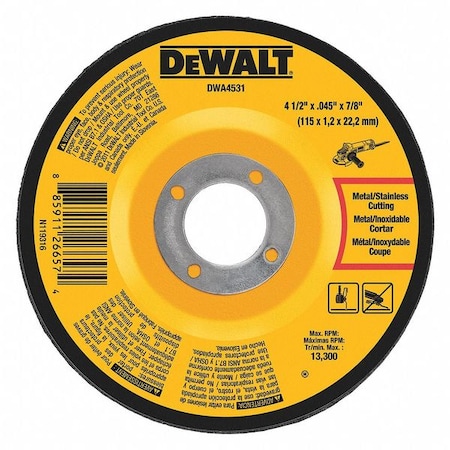 Dewalt Depressed Center Cut-Off Wheel, Type 27, 4 1/2 in Dia, 0.045 in Thick, 7/8 in Arbor Hole Size DWA4531