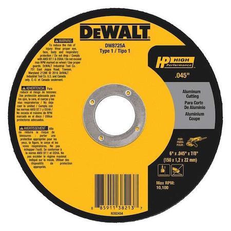 Dewalt Abrasive Cut-Off Wheel, Type 1, 6 in Dia, 0.05 in Thick, 7/8 in Arbor Hole Size, Aluminum Oxide DW8725A