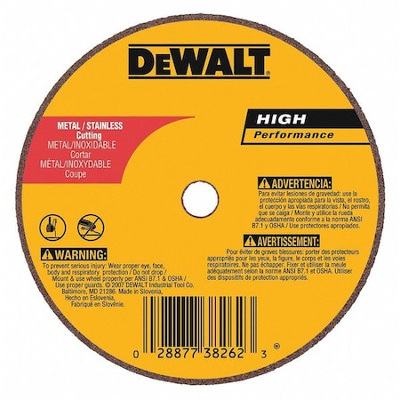 Dewalt Abrasive Cut-Off Wheel, Type 1, 3 in Dia, 0.035 in Thick, 3/8 in Arbor Hole Size, Aluminum Oxide DW8706
