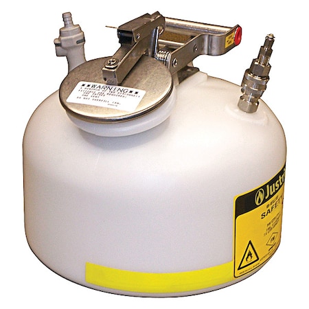 Justrite HPLC Waste Can, Polyethylene, 2 gal, Solvents, White 12165