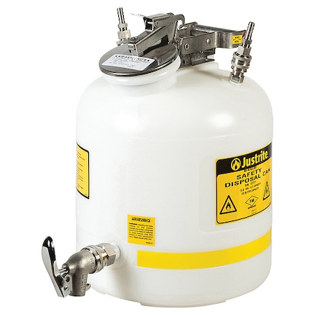 Justrite HPLC Waste Can, Polypropylene, 5 gal, Bottom-Mount Faucet, for 3/8 in Tubing, White, for Solvents 12771