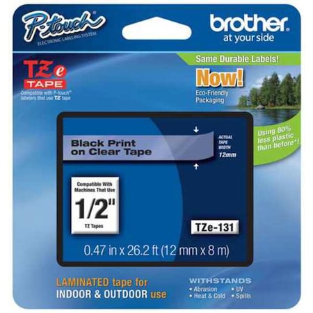 Brother Label/Ribbon Cartridge, Clear, Gloss, 1/2 in W TZE131G