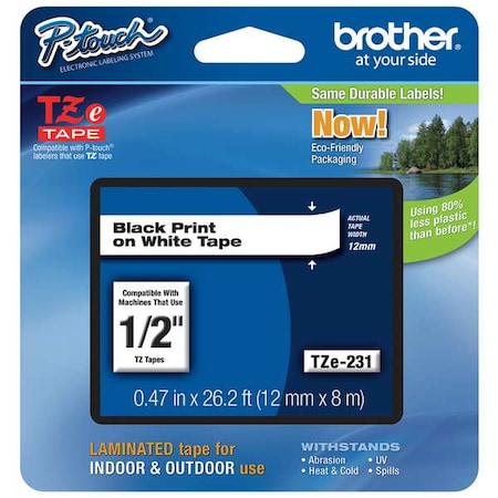 BROTHER Adhesive TZ Tape (R) Cartridge 0.47"x26-1/5ft., Black/White, Width: 1/2 in TZe231