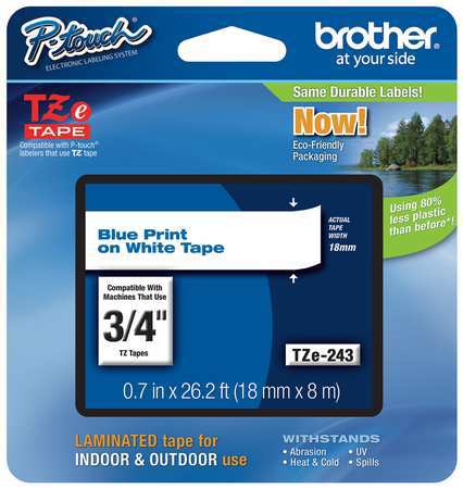 BROTHER Adhesive TZ Tape (R) Cartridge 0.70"x26-1/5ft., Blue/White TZe243