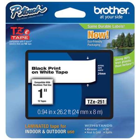 BROTHER Adhesive TZ Tape (R) Cartridge 15/16"x26-1/5ft., Black/White TZe251