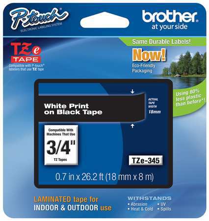 BROTHER Adhesive TZ Tape (R) Cartridge 0.70"x26-1/5ft., White/Black TZe345