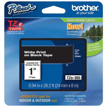 Brother Adhesive TZ Tape (R) Cartridge 15/16"x26-1/5ft., White/Black TZE355G