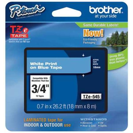 Brother Adhesive TZ Tape (R) Cartridge 0.70"x26-1/5ft., White/Blue TZE545G