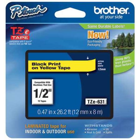Brother Label/Ribbon Cartridge, Yellow, 1/2 in W TZE631G