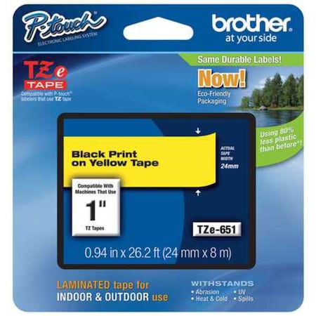 BROTHER Adhesive TZ Tape (R) Cartridge 15/16"x26-1/5ft., Black/Yellow TZe651