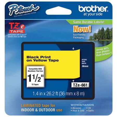 Brother Label/Ribbon Cartridge, Yellow, 1-1/2 in W TZE661G