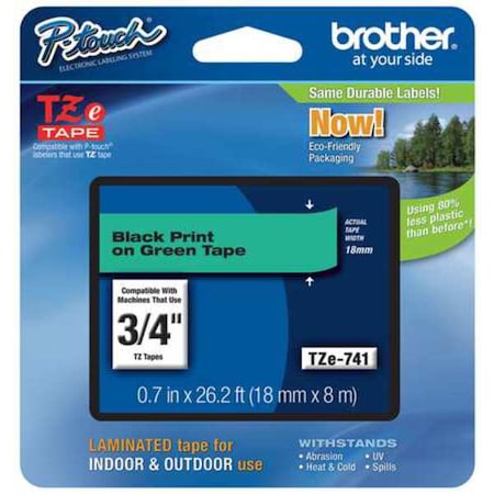 Brother Label/Ribbon Cartridge, Green, Gloss, 3/4 in W TZE741G