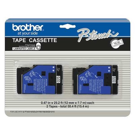 BROTHER Adhesive Label Tape Cartridge 0.47" x 25-1/5 ft., Black/White TC20