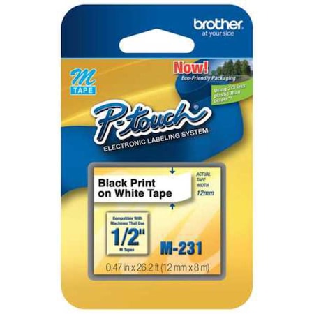 BROTHER Adhesive Label Tape Cartridge 0.47" x 26-1/5 ft., Black/White M231