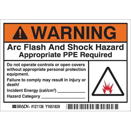 Brady Arc Flash Label, 3-1/2 In. H, 5 In. W, PK5, 121136 121136