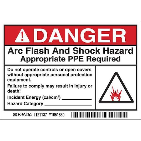 Brady Arc Flash Label, 3-1/2 In. H, PK100, 121137 121137