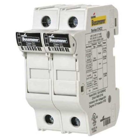 EATON BUSSMANN Fuse Block, CHCC Series, CC UL Class, 0 to 30A, 600V AC/DC, 2 Poles, Clamp/Spade Lug CHCC2DU