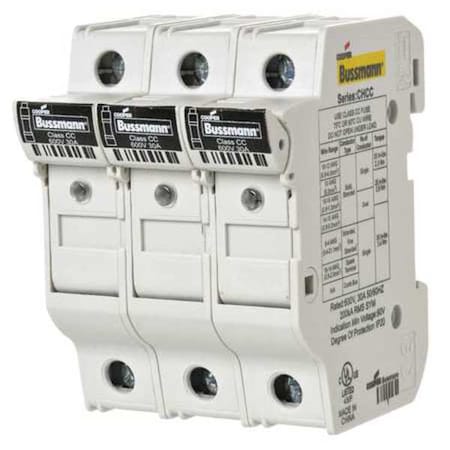Eaton Bussmann Finger Safe Fuse Block, CC UL Class, 600V AC/DC Volt Rating, 3 Poles, Box Lug; Clamp CHCC3DIU