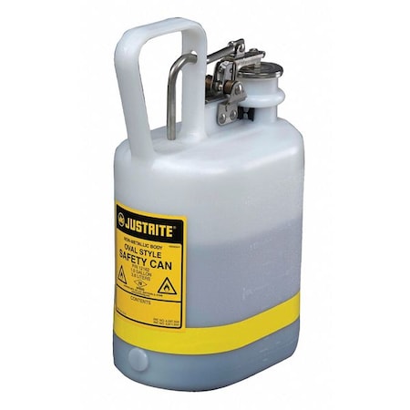 Justrite Type I Safety Can, Polyethylene, 1 gal, Stainless Steel Hardware, Oval, White, Corrosives 12162