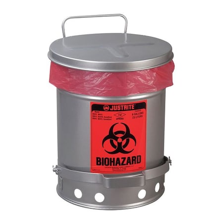 Justrite Biohazard Waste Container, 6 gal., Silver 05914