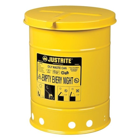 Justrite Oily Waste Can, 6 gal, Yellow, Steel, 15 7/8 in Height, Hand Operated Self-Closing 09111
