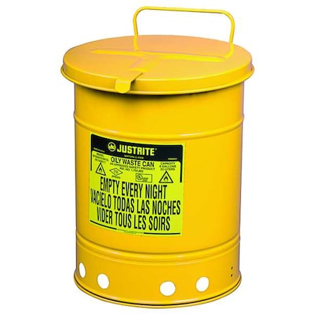 Justrite Oily Waste Can, 14 gal, Yellow, Steel, 20 1/4 in Height, Hand Operated Self-Closing 09511