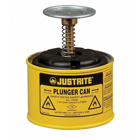 Justrite Plunger Can 0.125 gal Steel Can, Brass, Ryton Plunger, 2 3/4 in Dasher Plate Dia., Yellow 10018