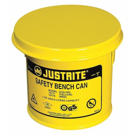 Justrite Bench Can 0.25 gal Steel Can, Steel Plunger, 4 1/2 in Dasher Plate Dia., Yellow 10171