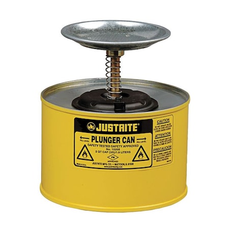 Justrite Plunger Can 0.5 gal Steel Can, Brass, Ryton Plunger, 5 in Dasher Plate Dia., Yellow 10218