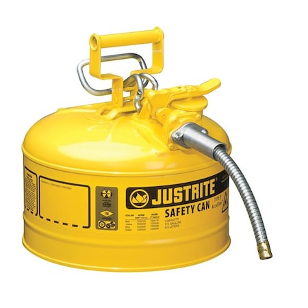 Justrite Type II Safety Can, AccuFlow(TM), Galvanized Steel, 2.5 gal, 5/8 in Metal Hose, Yellow, Diesel 7225220