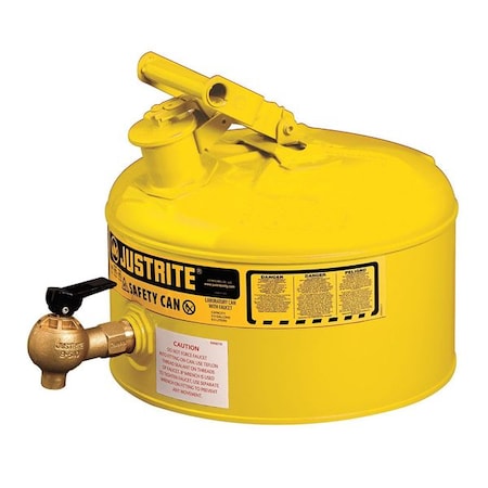 Justrite Type I Safety Can, Galvanized Steel, 2.5 gal, Bottom Mount Faucet, Yellow, Diesel 7225240