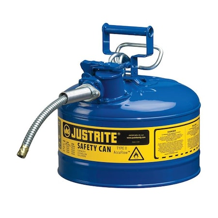 Justrite Type II Safety Can, AccuFlow (TM) Galvanized Steel, 2.5 gal, 5/8 in Metal Hose, Blue, Kerosene 7225320
