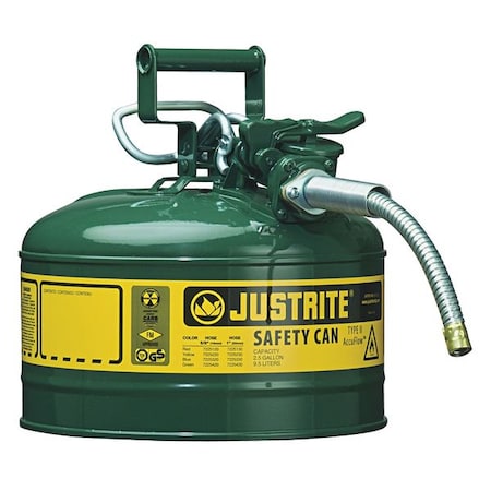 Justrite Type II Safety Can, AccuFlow (TM), Galvanized Steel, 2.5 gal, 5/8 in Metal Hose, Green, Combustibles 7225420