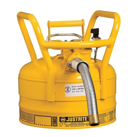 Justrite Type II Safety Can, AccuFlow(TM), 2.5 gal, 1 in Metal Hose, Roll Bars, DOT, Yellow, Diesel 7325230