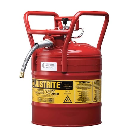 Justrite Type II Safety Can, AccuFlow(TM), 5 gal, 5/8 in Metal Hose, Roll Bars, DOT, Red, Flammables 7350110
