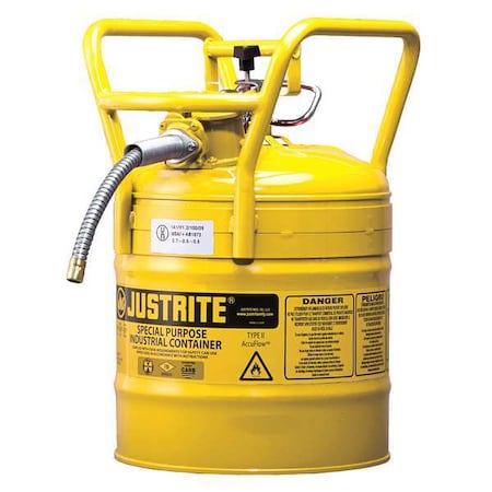 Justrite Type II Safety Can, AccuFlow(TM), 5 gal, 5/8 in Metal Hose, Roll Bars, DOT, Yellow, Diesel 7350210