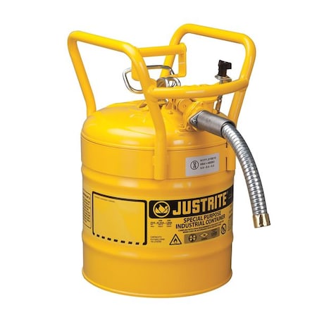 Justrite Type II Safety Can, AccuFlow(TM), 5 gal, 1 in Metal Hose, Roll Bars, DOT, Yellow, Diesel 7350230