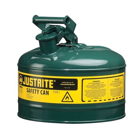 Justrite Type I Safety Can, Galvanized Steel, 2.5 gal, Green, Self-Closing, Auto-Venting Lid, Combustibles 7125400