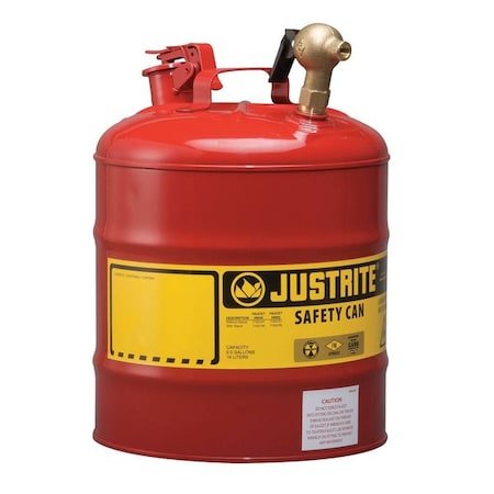Justrite Type I Safety Can, Galvanized Steel, 5 gal, Top Mount Brass Faucet, Red, Flammables 7150147