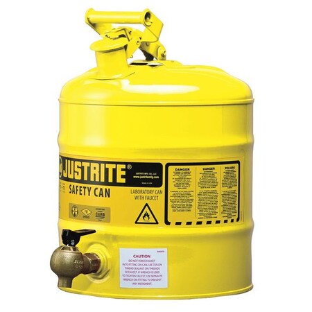 Justrite Type I Safety Can, Galvanized Steel, 5 gal, Bottom Mount Brass Flow Control Faucet, Yellow, Diesel 7150240