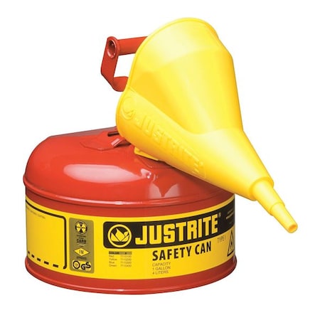 Justrite Type I Safety Can, Galvanized Steel, 1 gal, Red, Auto-Venting Lid, Includes Funnel, Flammables 7110110