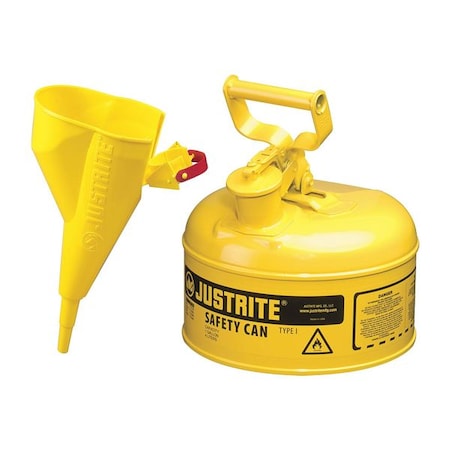 Justrite Type I Safety Can, Galvanized Steel, 1 gal, Yellow, Auto-Venting Lid, Includes Funnel, Diesel 7110210