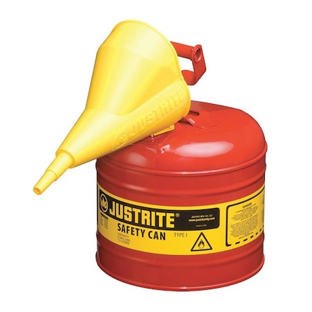 Justrite Type I Safety Can, Galvanized Steel, 2 gal, Red, Auto-Venting Lid, Includes Funnel, Flammables 7120110
