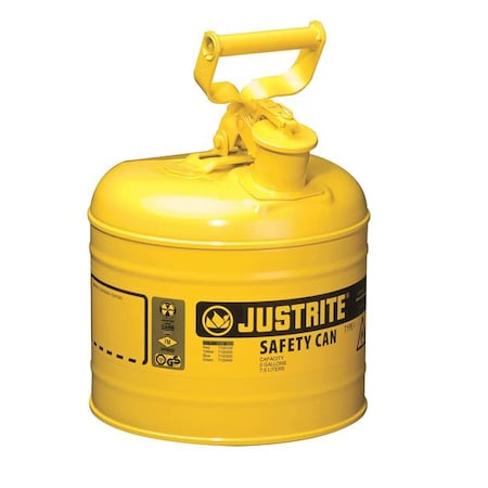 Justrite Type I Safety Can, Galvanized Steel, 2 gal, Yellow, Self-Closing Auto-Venting Lid, Diesel 7120200