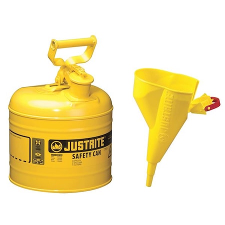 Justrite Type I Safety Can, Galvanized Steel, 2 gal, Yellow, Auto-Venting Lid, Includes Funnel, Diesel 7120210