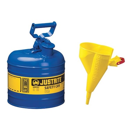 Justrite Type I Safety Can, Galvanized Steel, 2 gal, Blue, Auto-Venting Lid, Includes Funnel, Kerosene 7120310