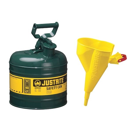 Justrite Type I Safety Can, Galvanized Steel, 2 gal, Green, Auto-Venting Lid, Includes Funnel, Combustibles 7120410