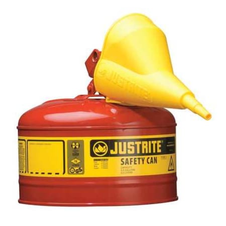 Justrite Type I Safety Can, Galvanized Steel, 2.5 gal, Red, Auto-Venting Lid, Includes Funnel, Flammables 7125110